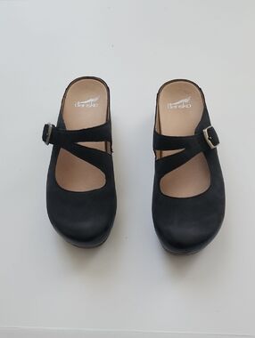 Dansko Black Leather Mary Jane Clogs with Buckle Strap